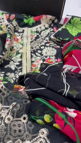 Rs 8500 Naqsh viscose chicken Kari Emb 3pc  chiffon duppata ( Bloom Black)