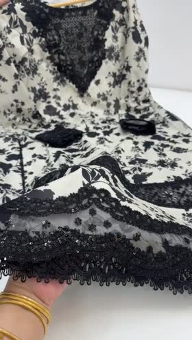 Rs 12500 Aneelas stitched lawn print Emb shirt Emb chiffon Duppata Emb gharara pent 3pc [Dispatch date 10th April ] ~ [Chest 22] [Length 40] XLARGE